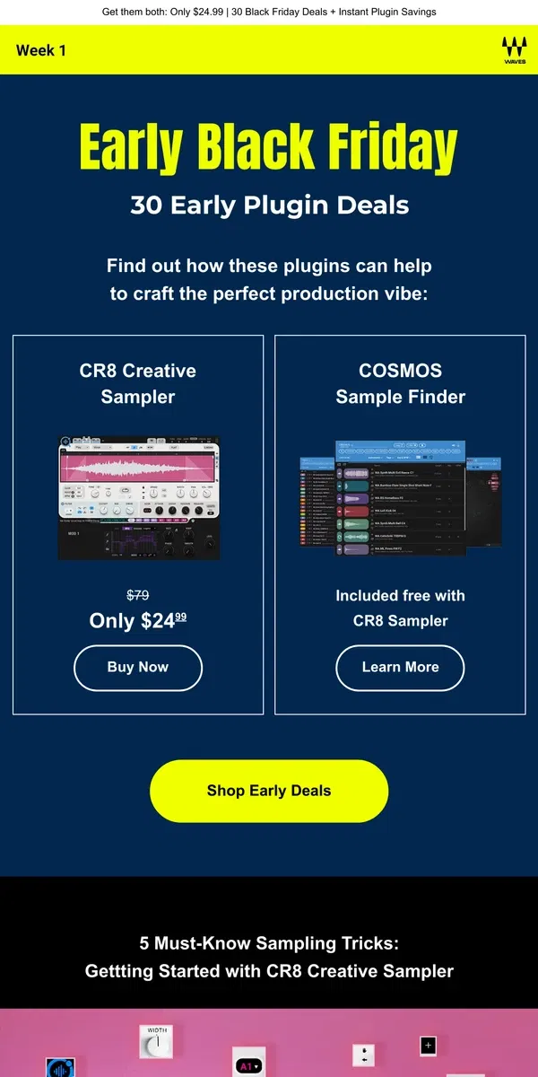 Email from Waves Audio. CR8 Sampler + COSMOS AI Sample Finder: The Perfect Production Pairing