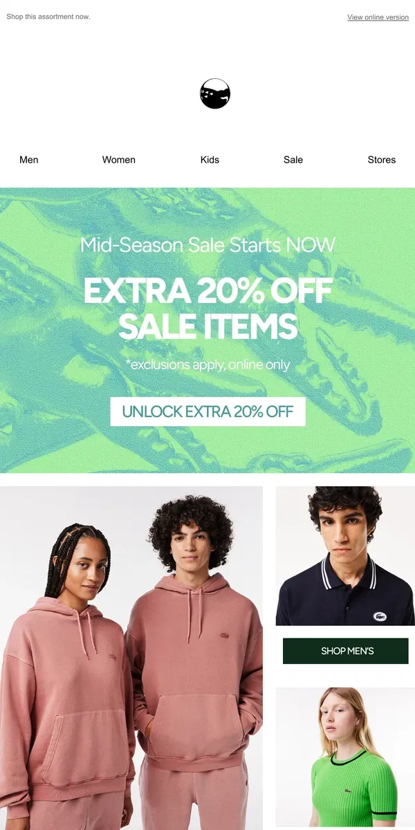 Email from Lacoste. Mid-Season Sale is On | Extra 20% Off Sale 🏷️