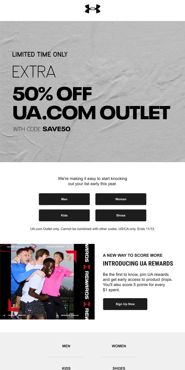 Email from Under Armour. ‼️ EXTRA 50% off UA Outlet