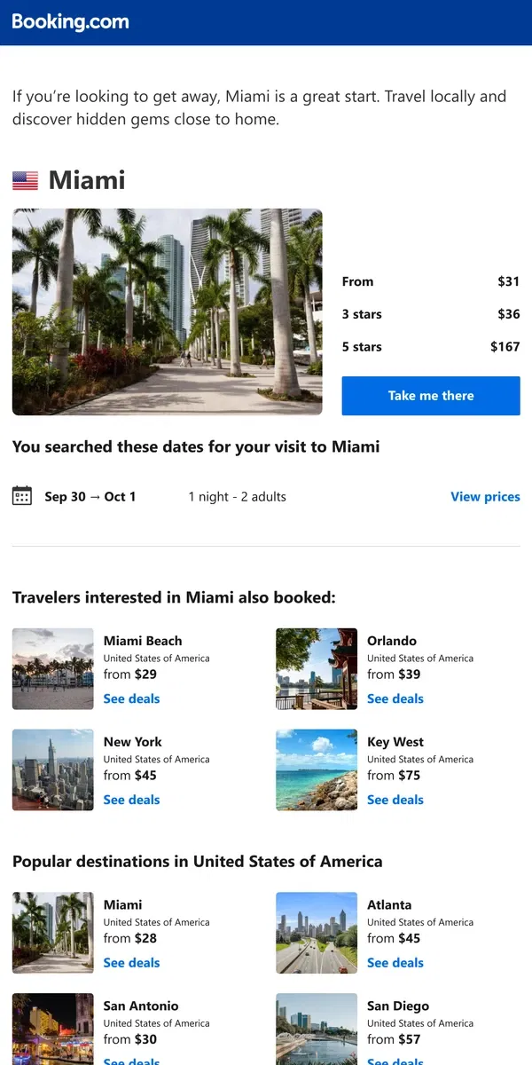 Email from Booking.com. Deals in Miami from $31 for October