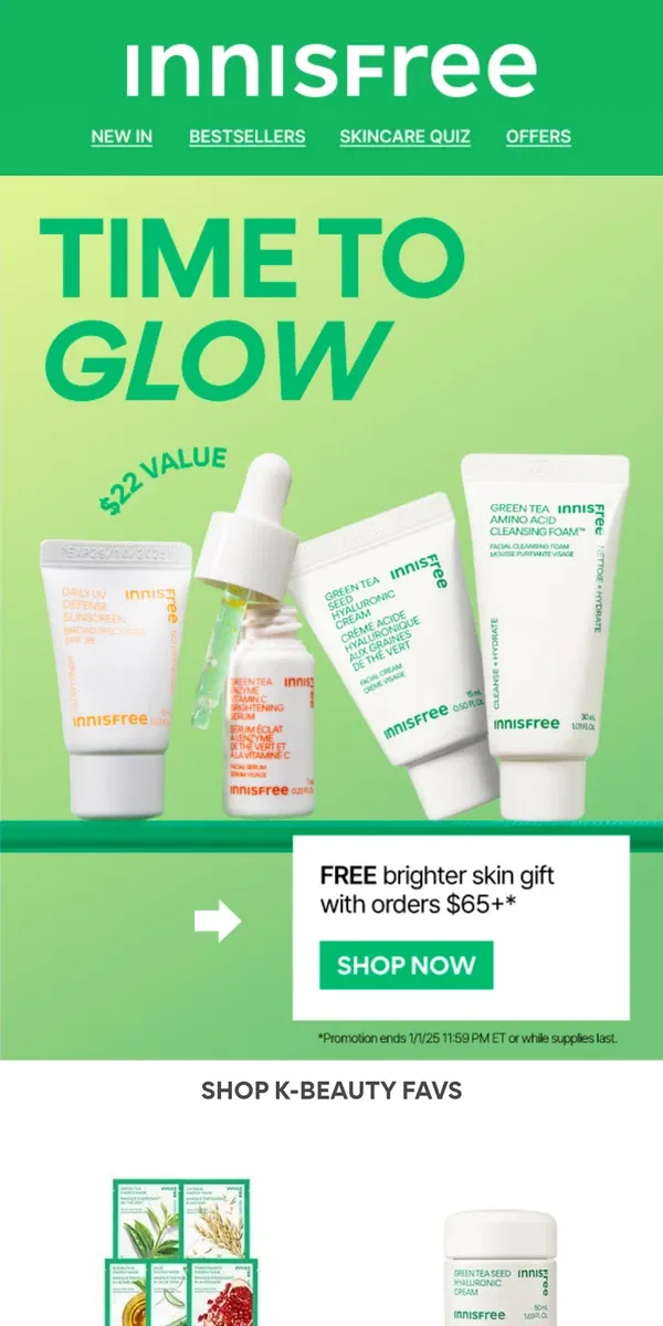 Email from innisfree. FREE 4-Piece Brightening Set w/ Orders $65+!