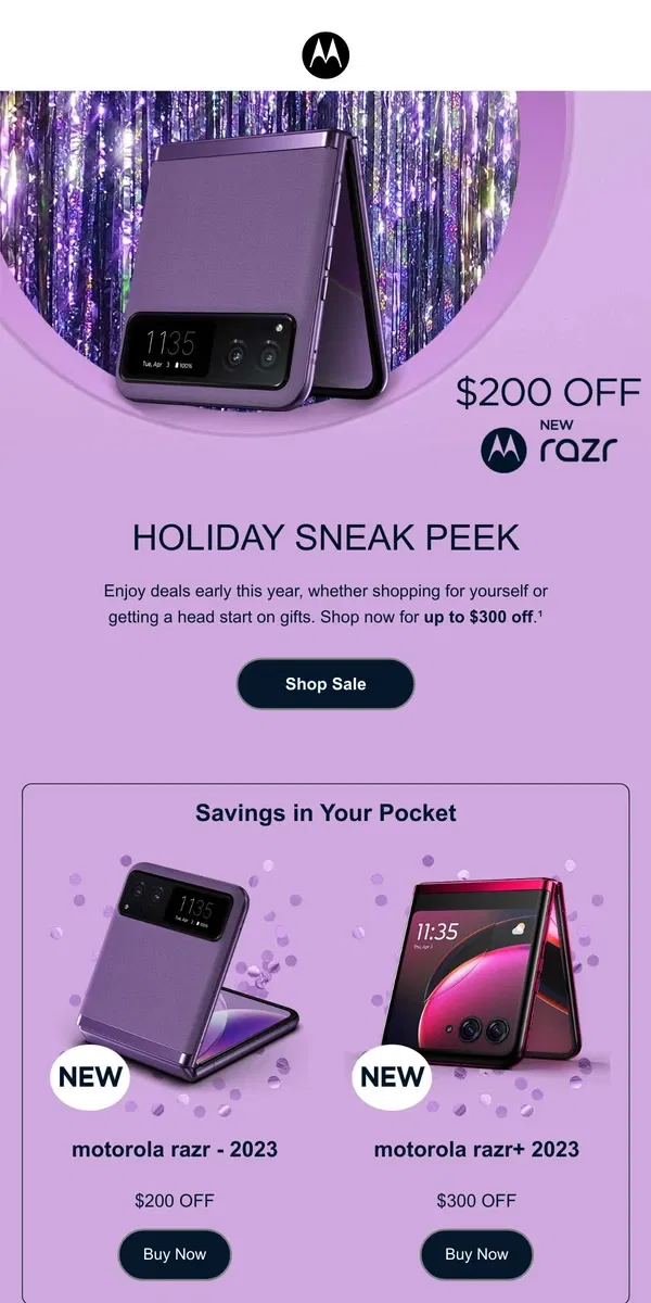 Email from Motorola. Holiday Sneak Peek 👀 UP TO $300 OFF