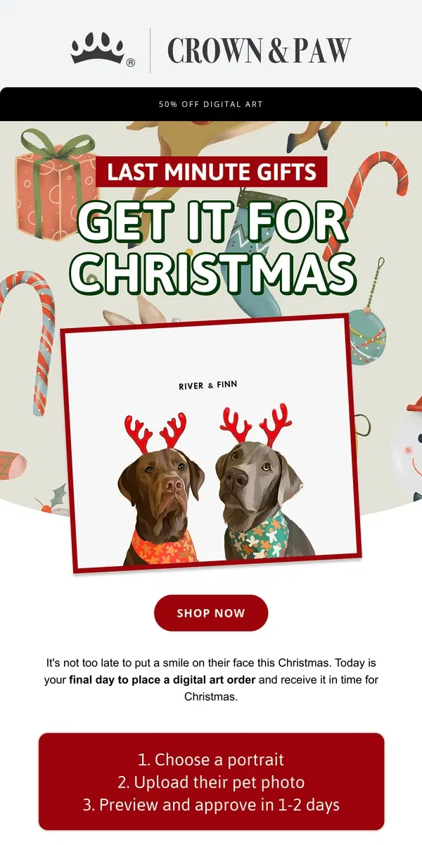 Email from Crown & Paw. Last Minute Gifts ⏰