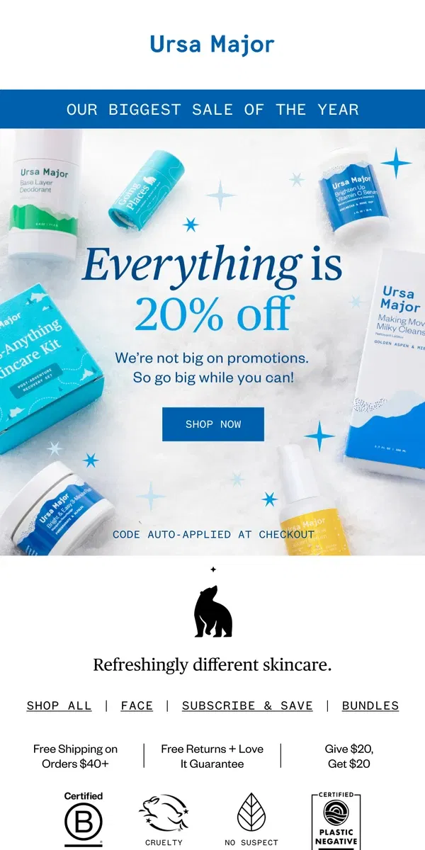 Email from Ursa Major. 20% off everything