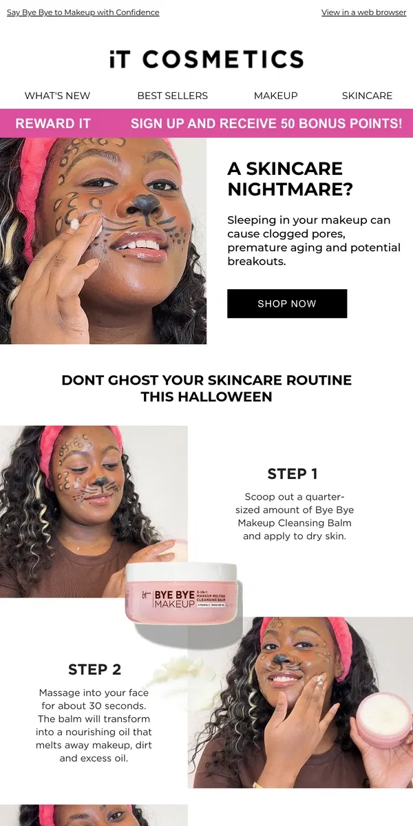 Email from IT Cosmetics. Sleeping in Halloween Makeup Is Scary