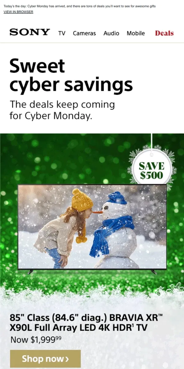 Email from Sony. Shop Cyber Monday | Your Custom TV Deal + More