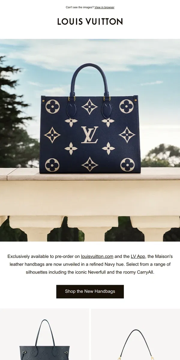 Email from Louis Vuitton. Pre-Order: New Navy Monogram Handbags