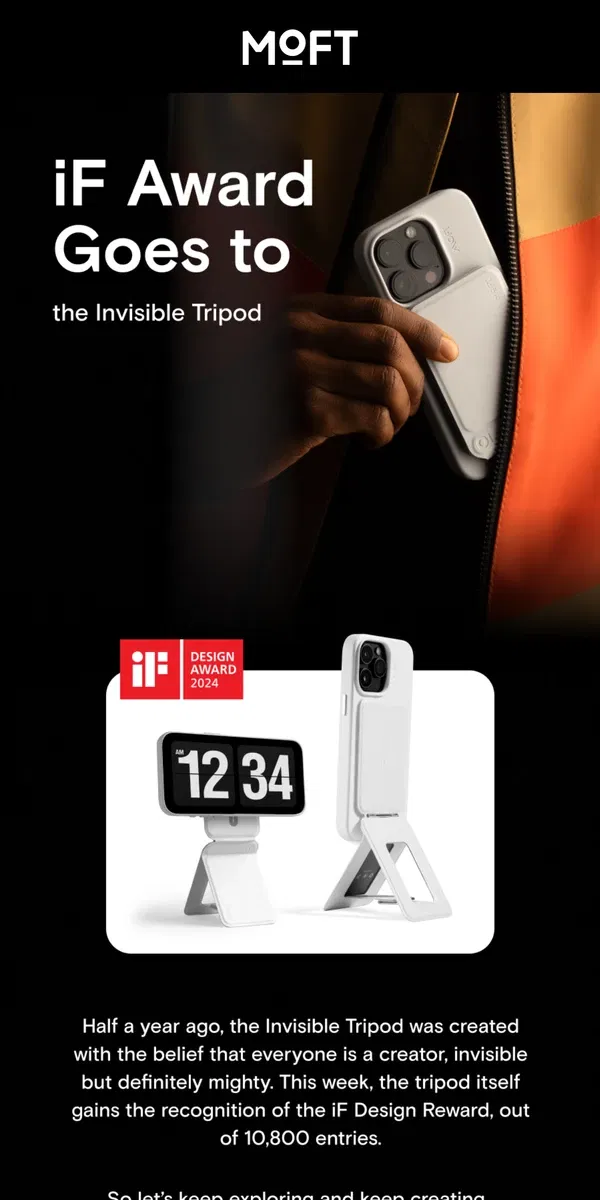 Email from MOFT. Good News! The Invisible Tripod Wins a Top Award.