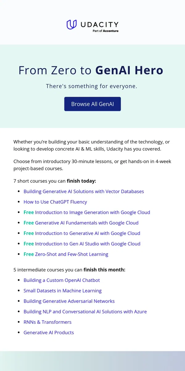 Email from Udacity. Zero to Hero in Generative AI 