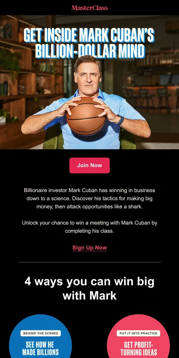 Email from Masterclass. NEW: Mark Cuban is now your billionaire mentor