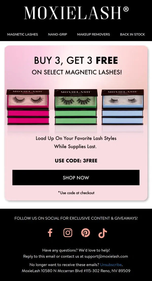 Email from MoxieLash. Magnetic Lashes Buy 3, Get 3 FREE!