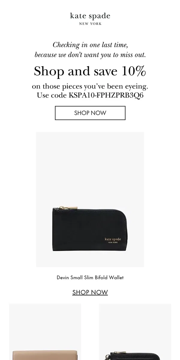 Email from Kate Spade. Last chance: take 10% off this special style