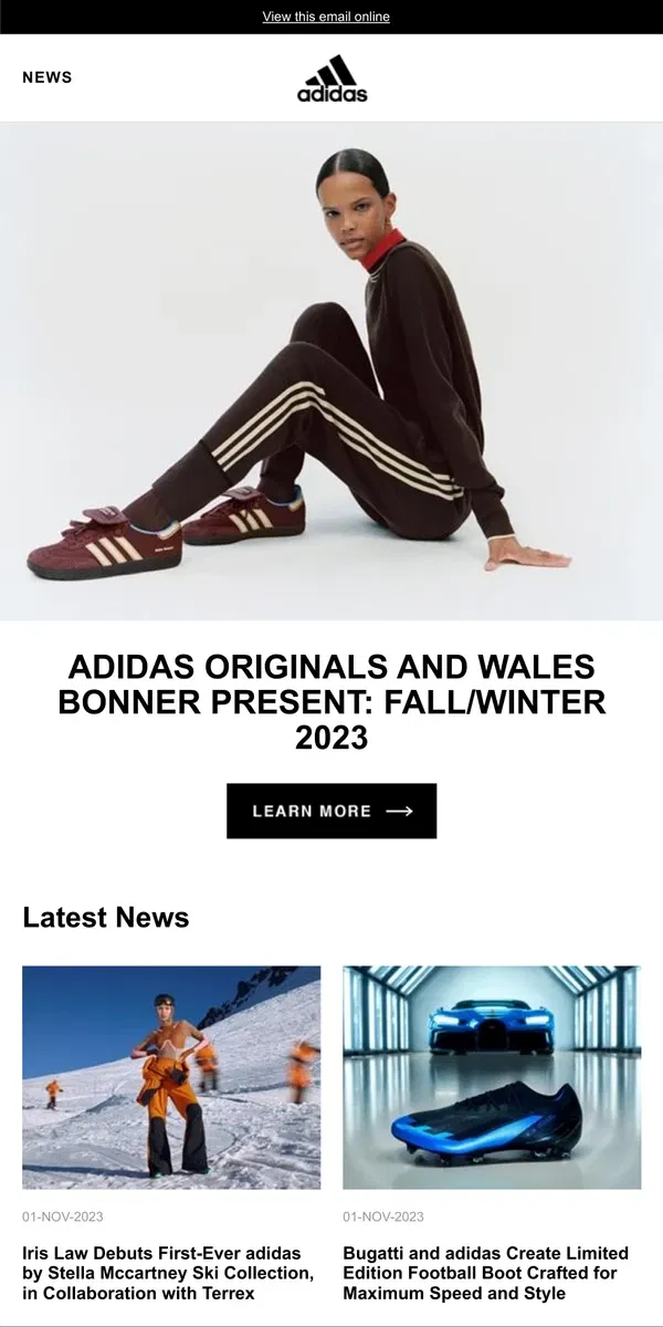 Email from Adidas. adidas Originals and Wales Bonner Present: Fall/Winter 2023