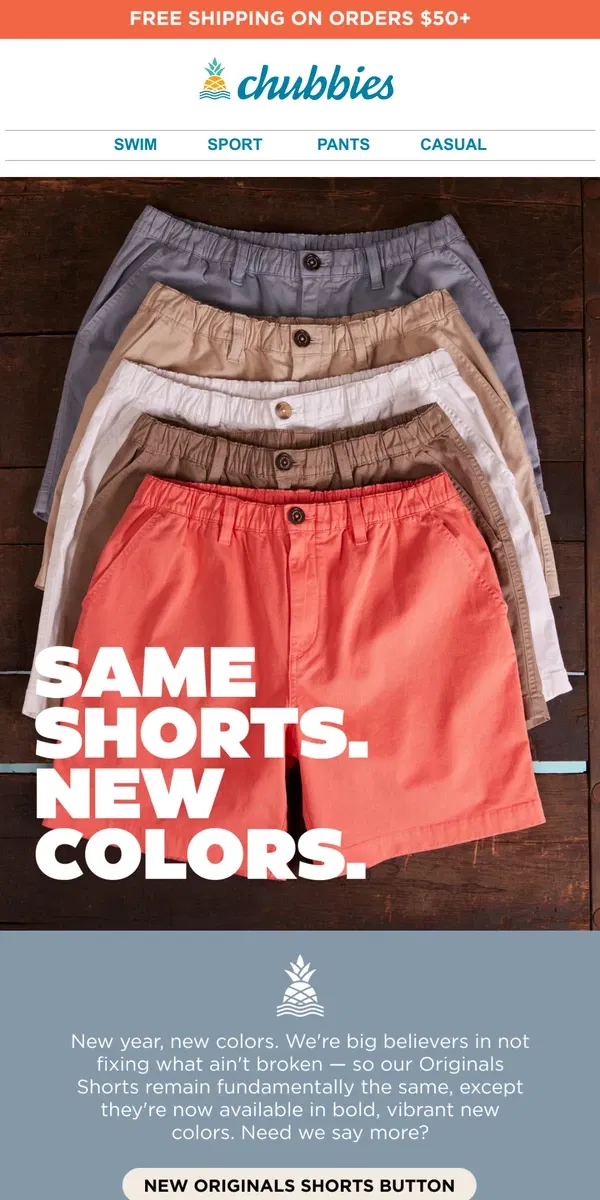 Email from Chubbies Shorts. New year, new colors