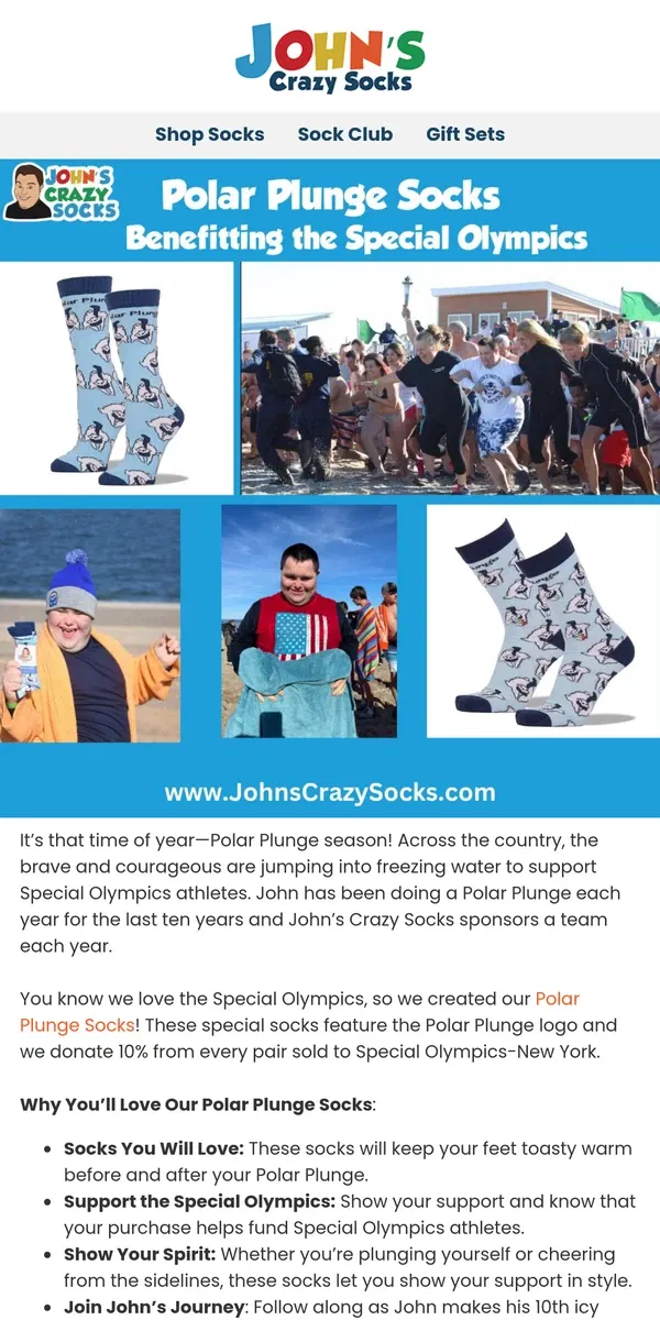 Email from John's Crazy Socks. TEST: Dive Into Polar Plunge Season with Special Socks for a Great Cause! 🧦