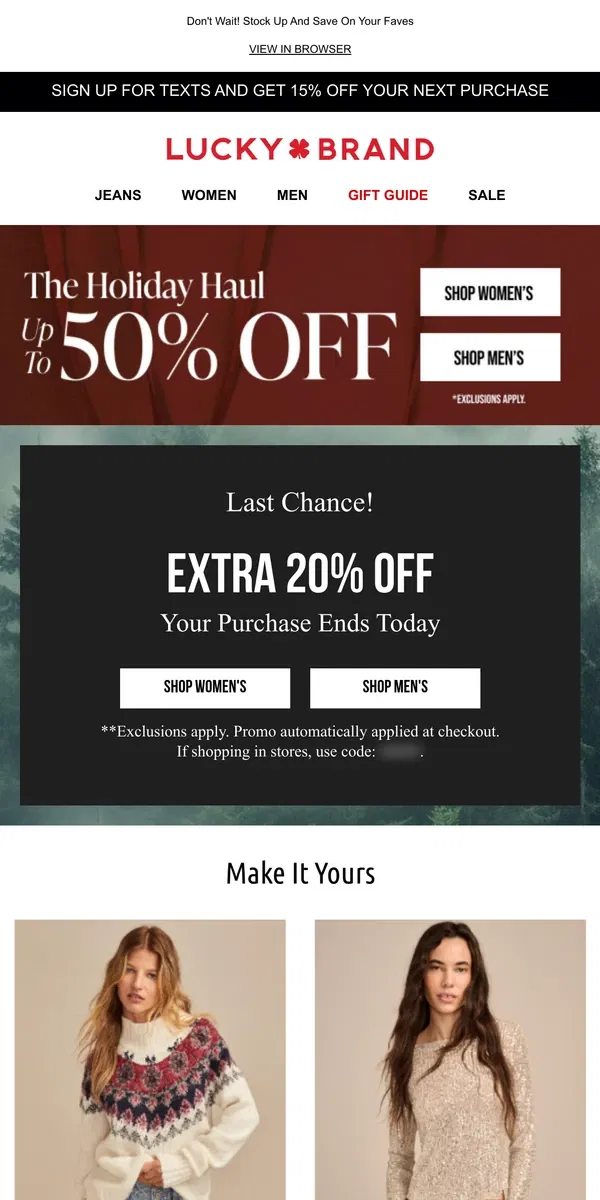 Email from Lucky Brand. ENDS TODAY! Extra 20% Off, On Top Of Up To 50% Off