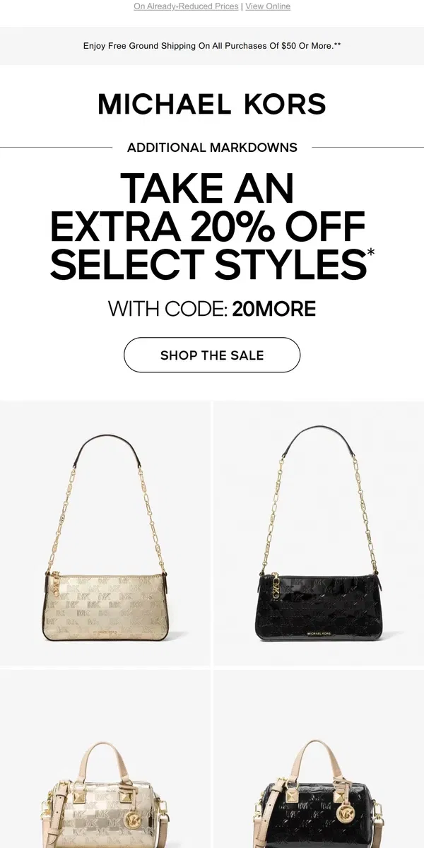 Email from Michael Kors. New Styles Added: Save An Extra 20%