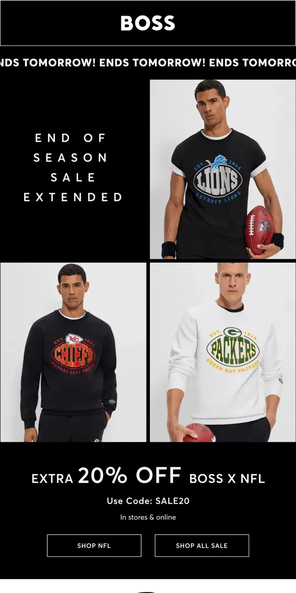 Email from HUGO BOSS. Ends tomorrow! Extra 20% off BOSS x NFL