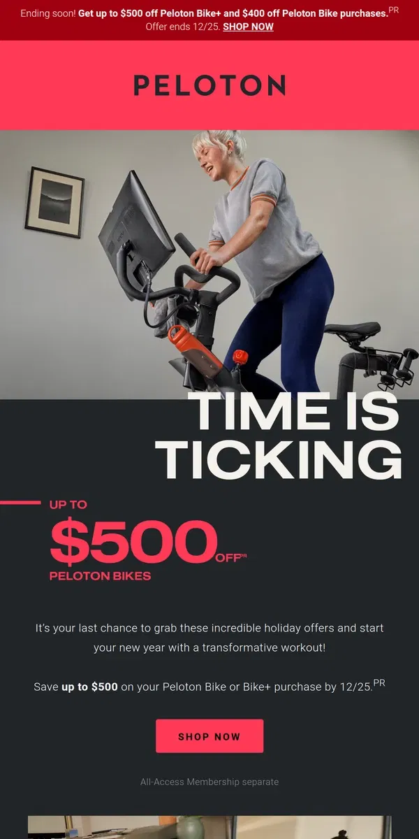 Email from Peloton. Ends soon: up to $500 off Peloton Bike purchases