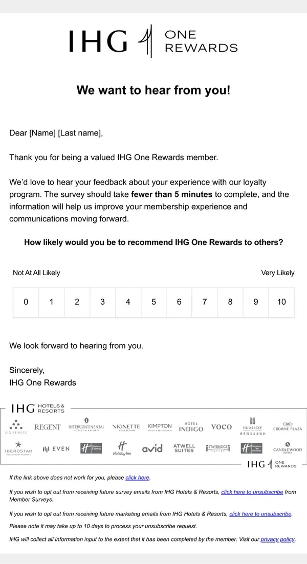 Email from IHG Hotels & Resorts. [Name] [Last name], tell us about your IHG One Rewards experience!​