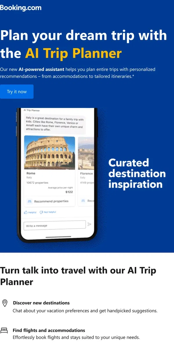 Email from Booking.com. Try the AI Trip Planner – our new solution for smart trip planning ✨