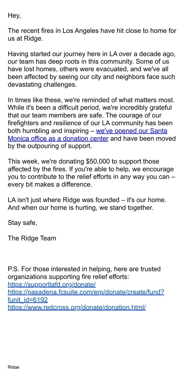 Email from The Ridge. Supporting those affected by the fires