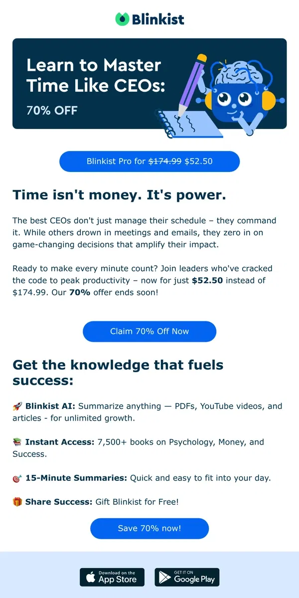 Email from Blinkist. ⏰ 70% Off: Learn How to Master Time Like CEOs