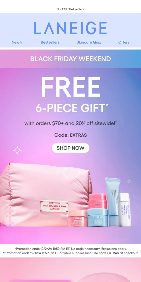 Email from LANEIGE. 6-Piece Black Friday Gift on Orders $70+