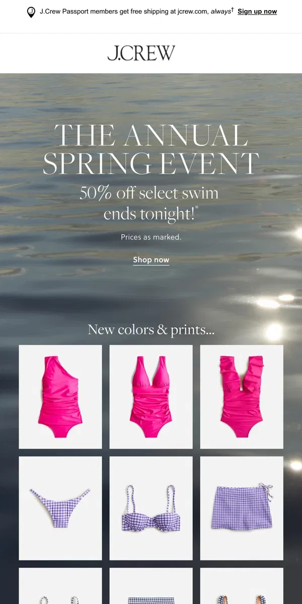 Email from J.Crew. Dive in: 50% off swim