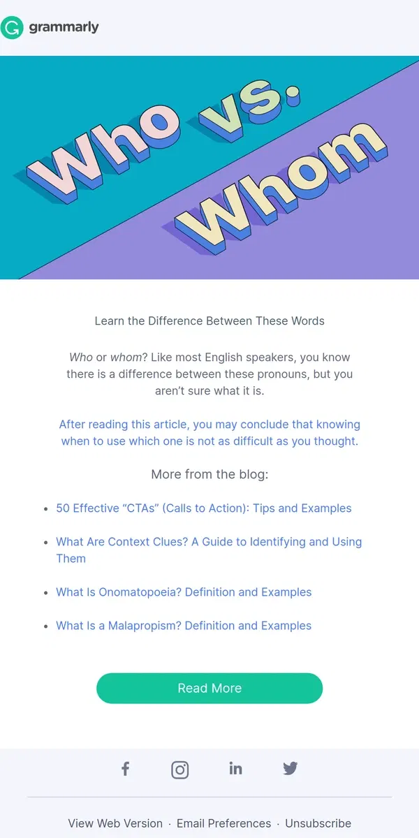 Email from Grammarly. “Who” vs. “whom”: When to use each