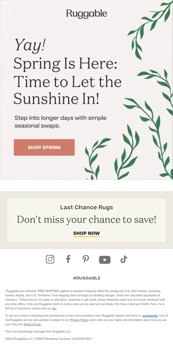 Email from Ruggable. Hello Spring! Shop Seasonal Styles