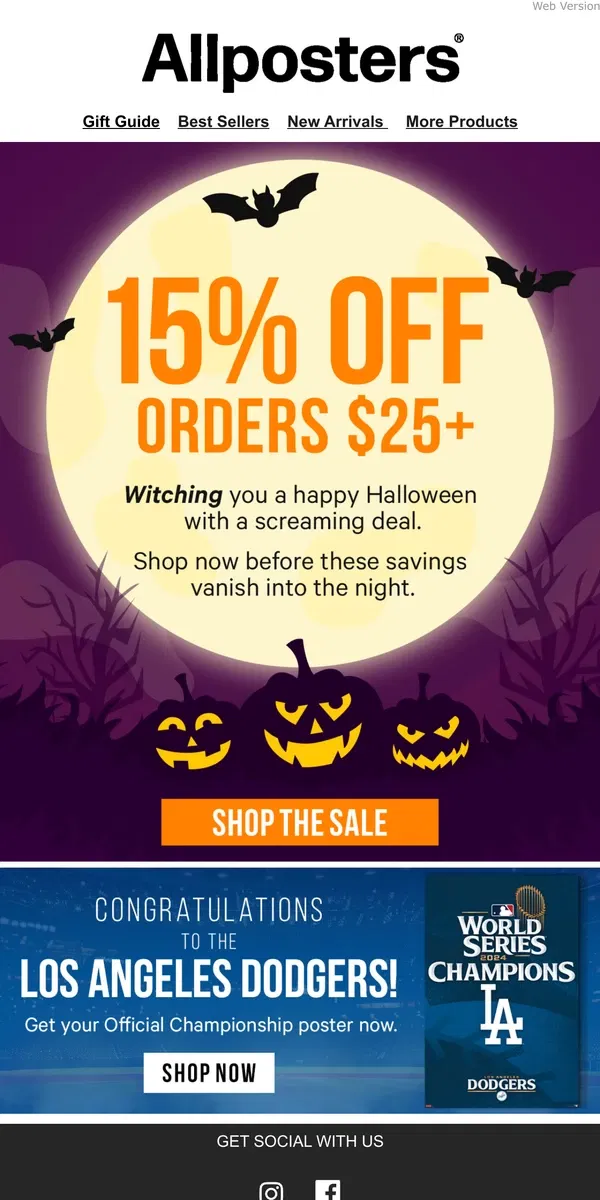 Email from AllPosters. Last Chance for Monster Savings