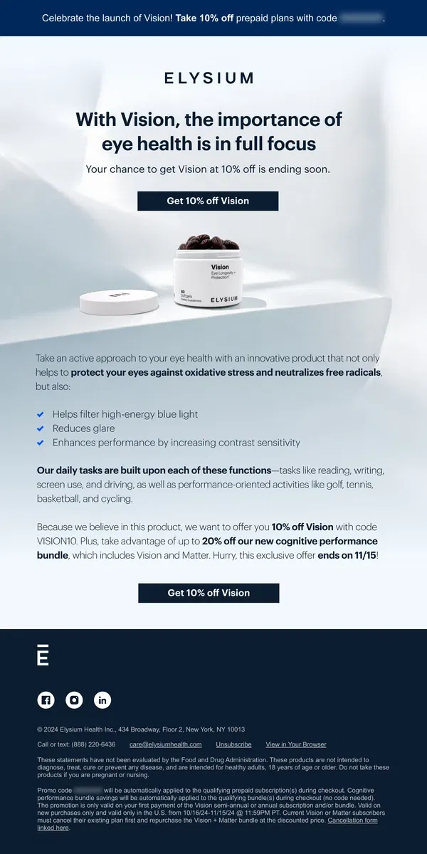 Email from Elysium Health. Hurry—10% off Vision ends soon!