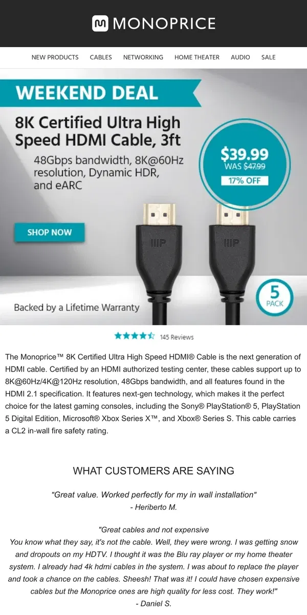 Email from Monoprice. WEEKEND DEALS | 5-Pack 8K Certified Ultra High Speed HDMI Cables