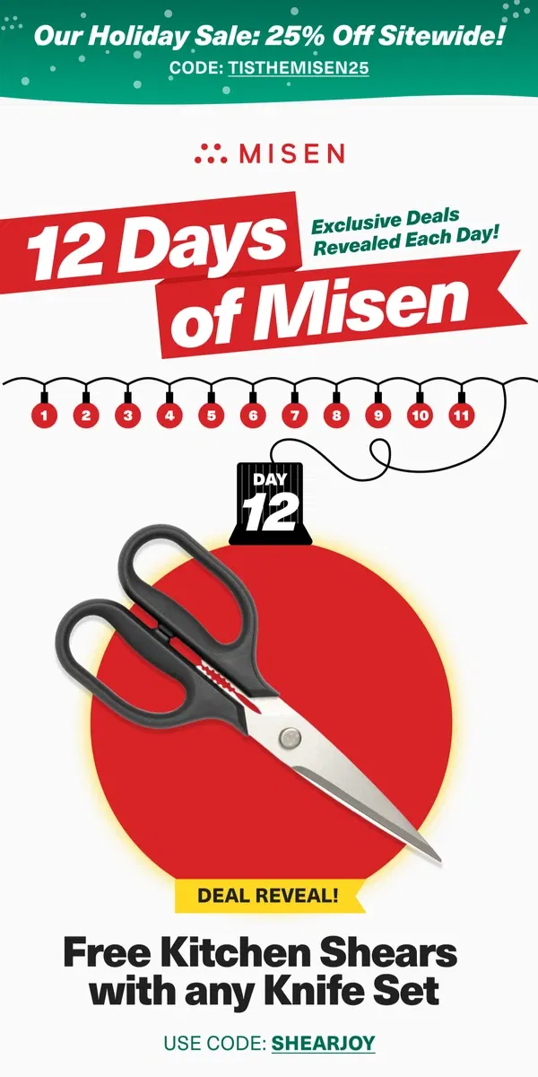 Email from Misen. Last Chance for Free Kitchen Shears with Any Knife Set