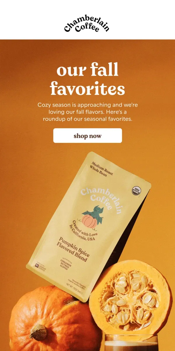 Email from Chamberlain Coffee. seasonal exclusives are here