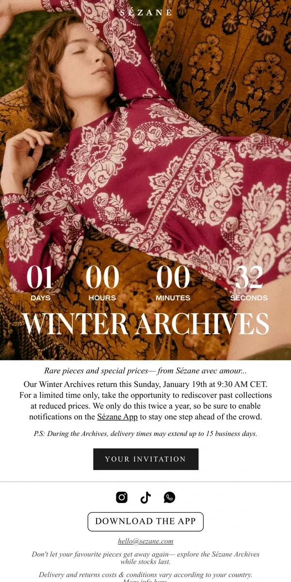 Email from Sézane. WINTER ARCHIVES: Tomorrow