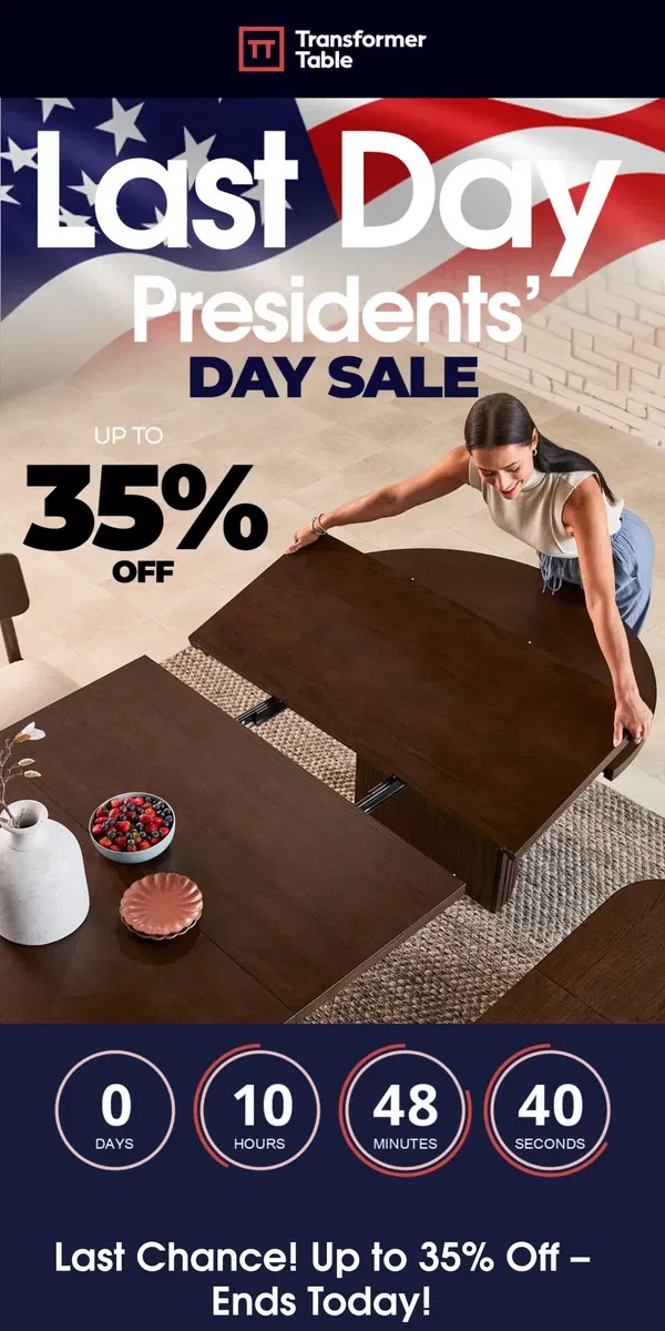 Email from Transformer Table. 👨‍💼Presidents' Day sale ends today! Save up to 35% off.