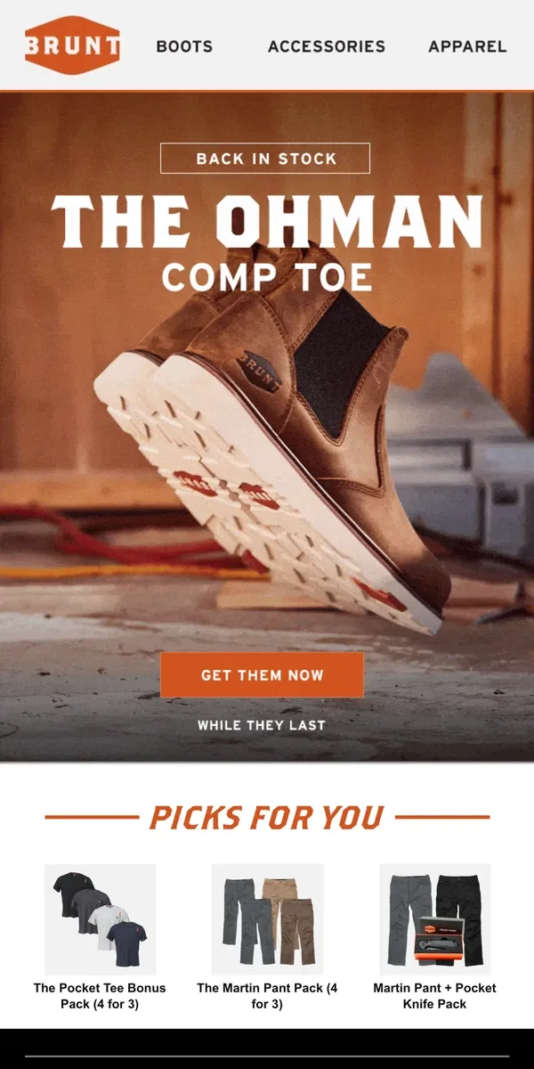 Email from BRUNT Workwear. BACK IN STOCK: The Ohman Comp Toe