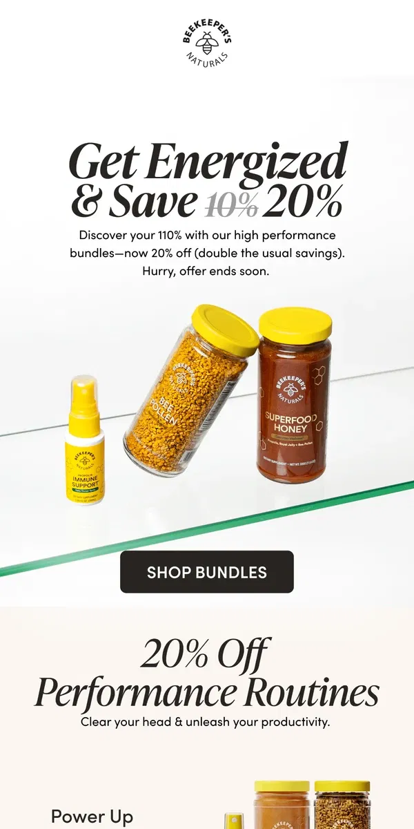 Email from Beekeeper's Naturals. 20% Off Routines for High Performers ⚡