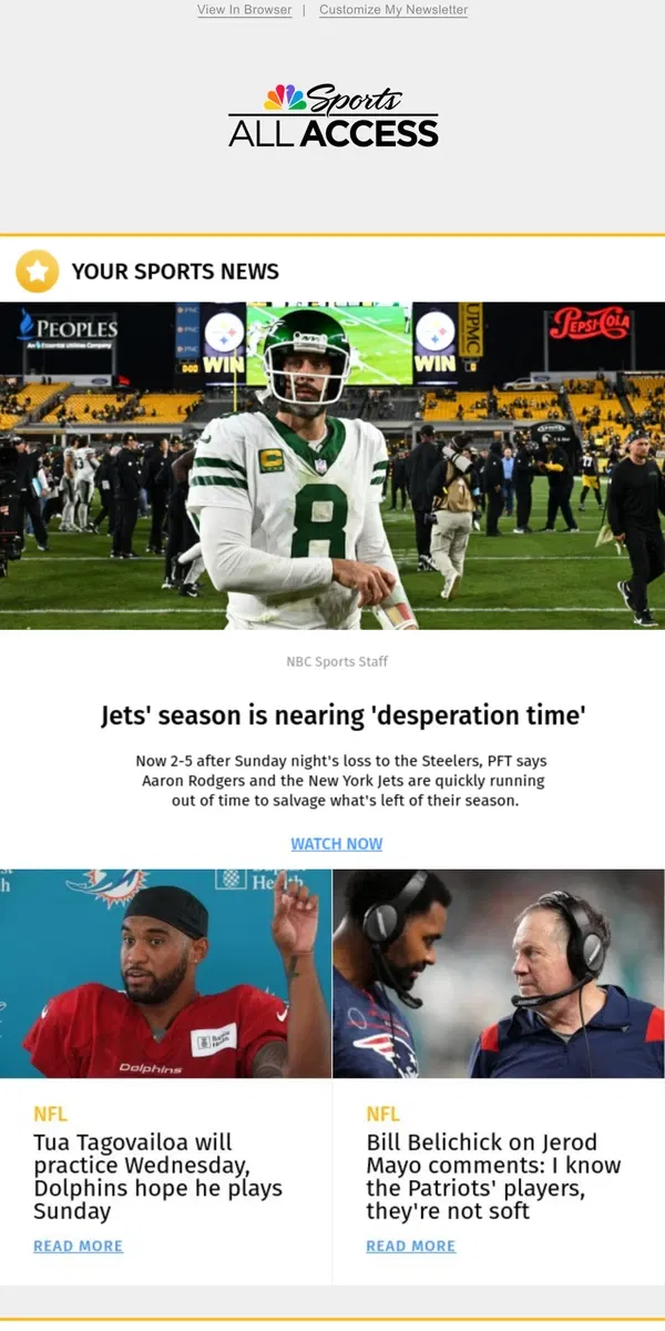 Email from NBC Sports. Jets' season is nearing 'desperation time'