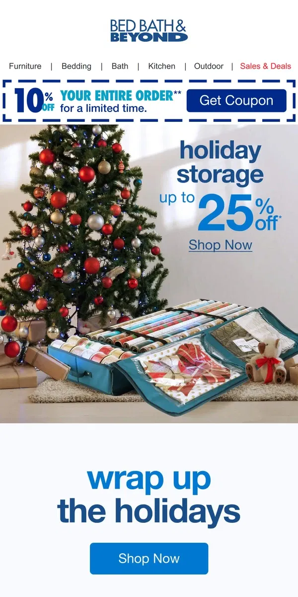 Email from Bed Bath & Beyond. Save on Clutter-Busting Holiday Storage 📦