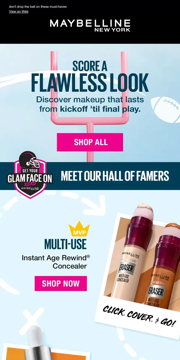 Email from Maybelline. huddle up beauties! shop our mvps 🏆