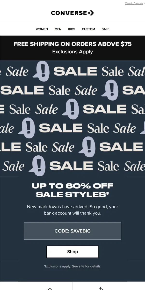 Email from Converse. Up to 60% off sale starts NOW