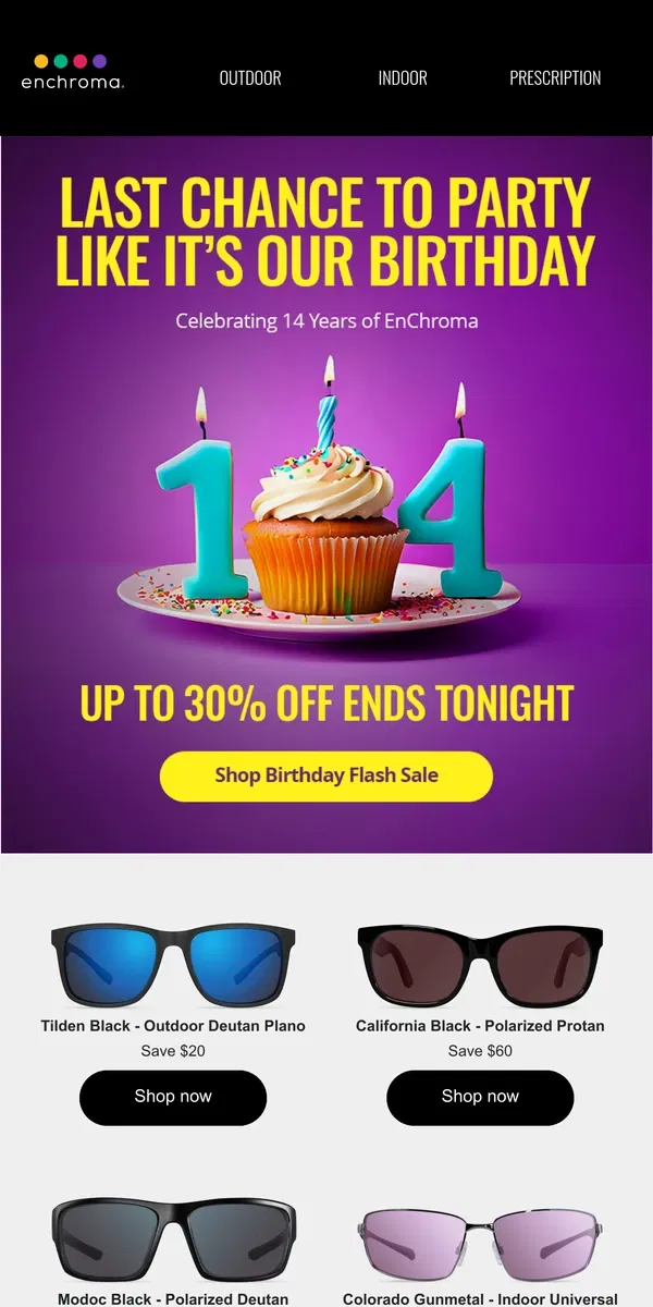 Email from EnChroma. Up to 30% off ends tonight ⚡