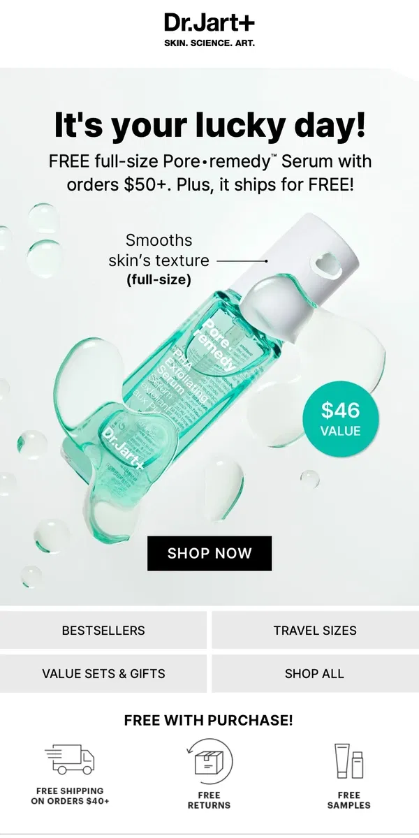 Email from Dr. Jart+. ENDS MIDNIGHT: FREE Full-Size Pore.remedy Serum