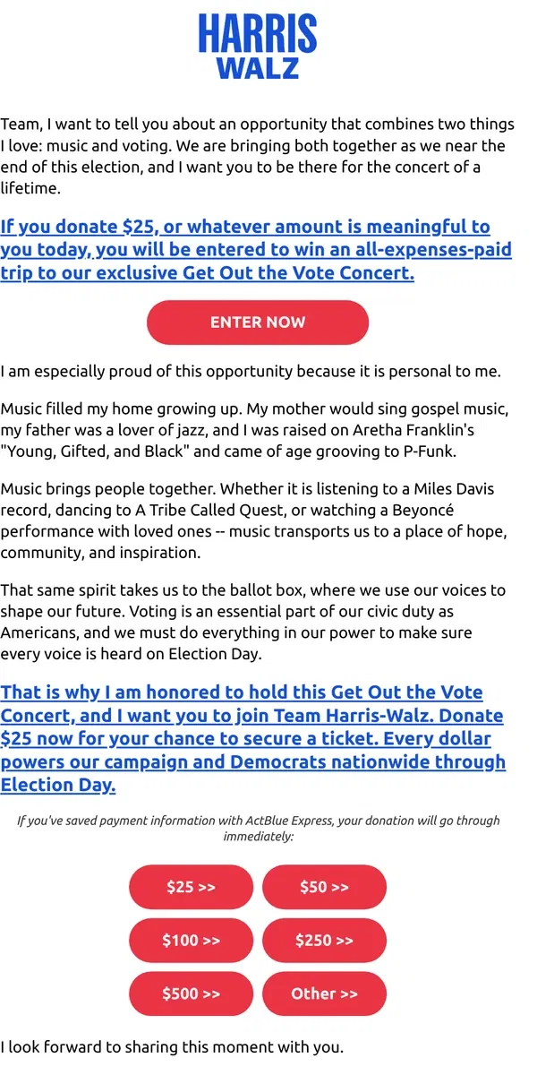 Email from Kamala Harris. You and a very special musical guest