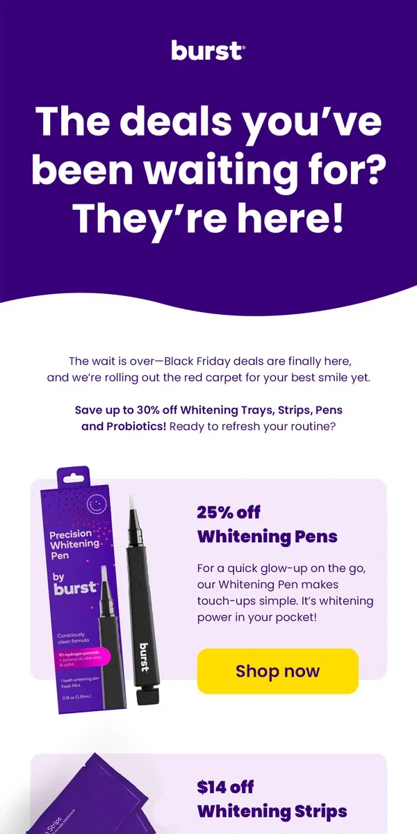 Email from BURST Oral Care. Black Friday begins! Big deals on whitening & wellness