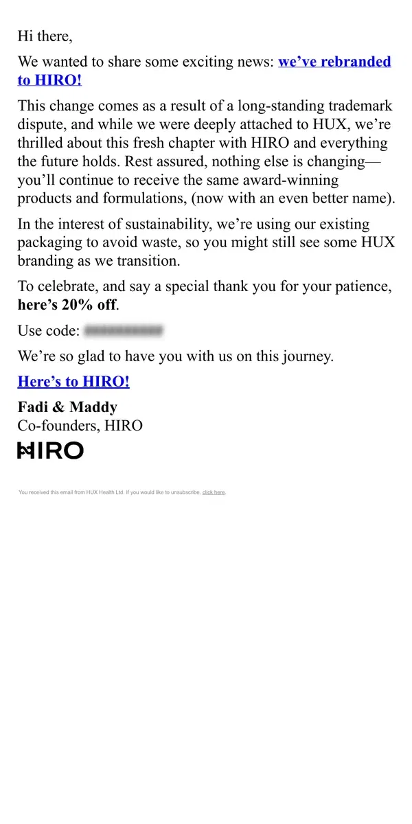 Email from HUX. Exciting News: Welcome to HIRO!