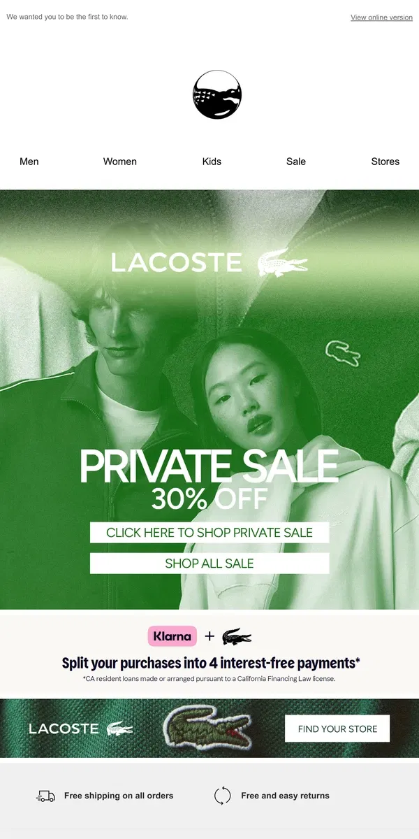 Email from Lacoste. 📢 Private Sale, 30% Off